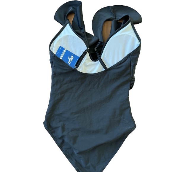 NWT Hilor Black One-Piece Swimsuit Size L Ruched Ruffle Tummy Control Swimwear - Picture 3 of 9